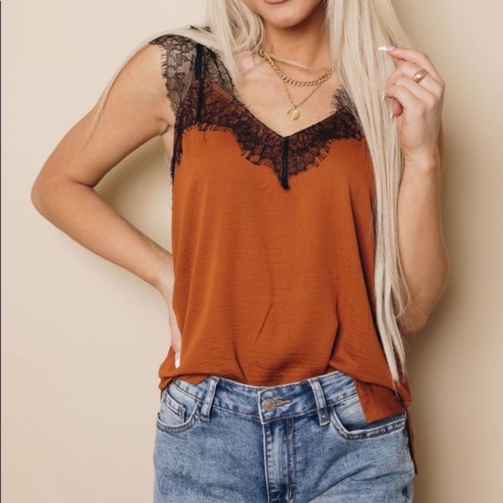 New Rust Orange Contrast Lace Top